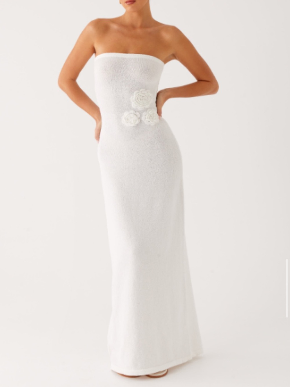 Peppermayo Strapless White Column Gown with Floral Appliqués